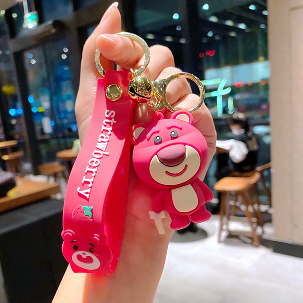 Lucu Indah Pink Strawberry Bear Gantungan Kunci Tas Mobil Liontin Keyring Aksesoris Pasangan Hadiah Kecil