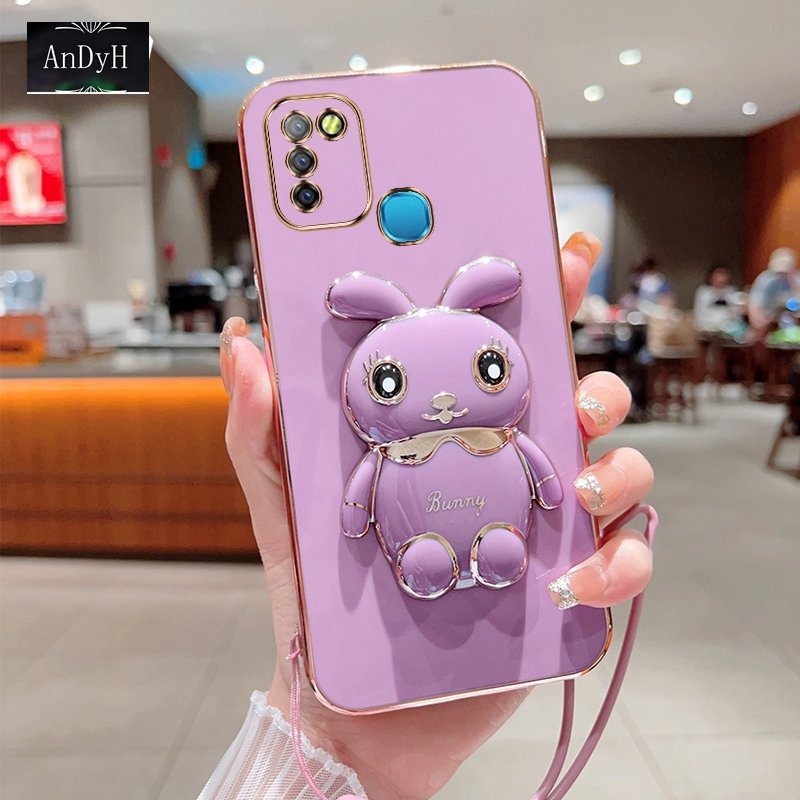 Andyh Case Ponsel Untuk Infinix Smart 5pro Hot 10i X659B X658E Kartun Lucu Kelinci Kecil Tepi Lurus Soft Shell Mengirim lanyard Silikon