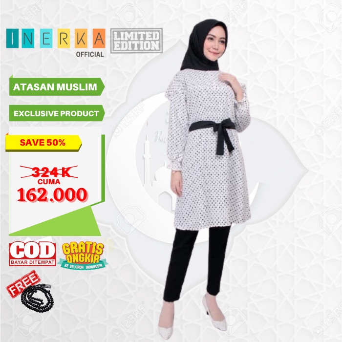 Baju Atasan Wanita Tunik Polkadot Dress Muslim Blouse Original Putih - M