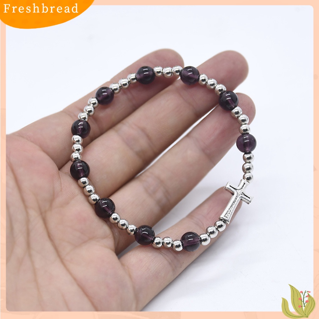 &lt; Freshbread &gt; Wanita Gelang Salib Kudus Elegan Dainty Elastis Festival Hadiah Warna Ungu Perak Manik-Manik Rosario Gelang Fashion Perhiasan