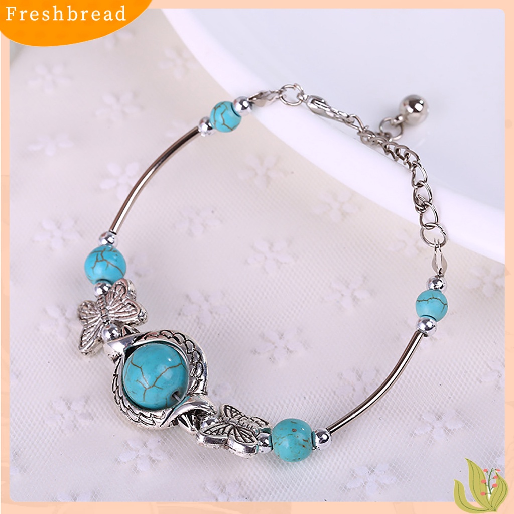 &lt; Freshbread &gt; Kupu-Kupu Dekorasi Adjustable Unisex Gelang Alloy Handmade Turquoises Beads Retro Gelang Perhiasan Aksesoris