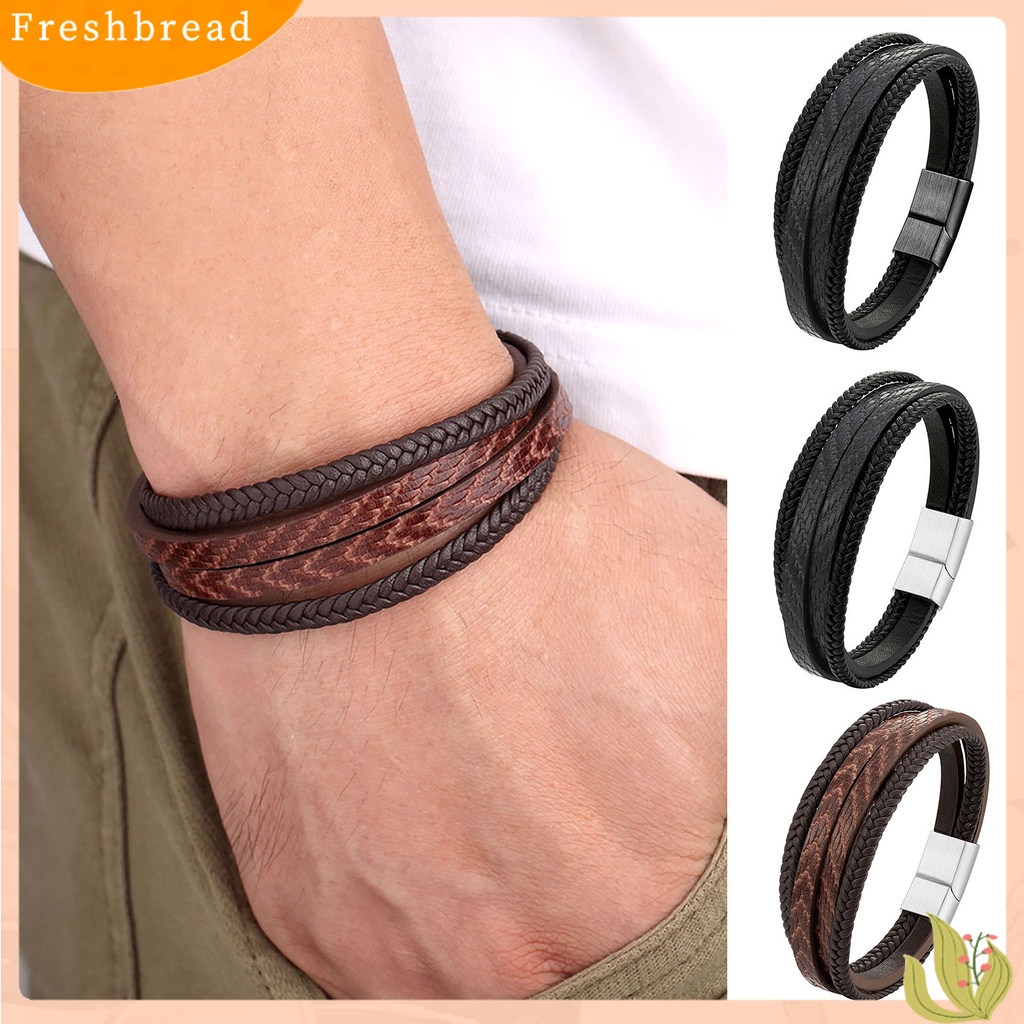 &lt; Freshbread &gt; Pria Gelang Vintage ic Gesper Anyaman Buatan Tangan Geometris Hias Hadiah Multilayer Bungkus Perhiasan Bangle Pria Kulit Imitasi Untuk Kehidupan Sehari-Hari