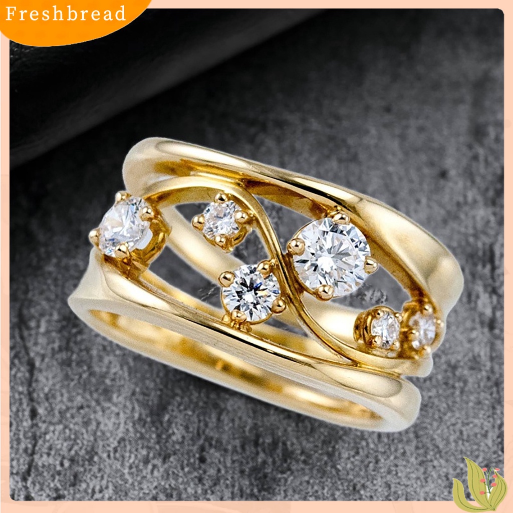 &lt; Freshbread &gt; Wanita Logam Zirkon Bertatahkan Cincin Elegan Geometris Bentuk Gelombang Circlet Perhiasan Hadiah