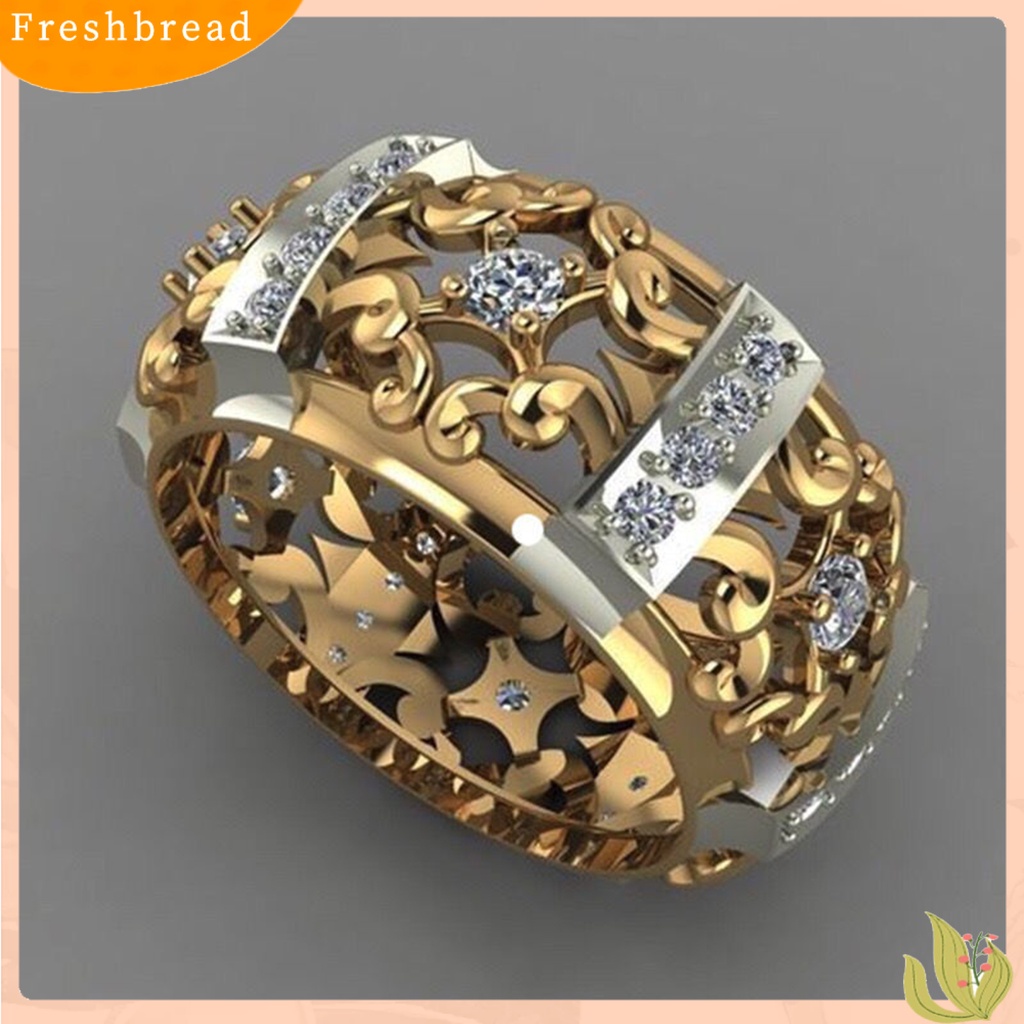 &lt; Freshbread &gt; Wanita Cincin Gaya Vintage Berongga Ukiran Dua Warna Kuno Bling Cubic Zirconia Ladies Finger Ring Fashion Jewelry