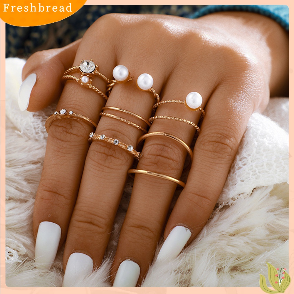 &lt; Freshbread &gt; 5/8Pcs Bohemian Wanita Mutiara Imitasi Berlian Imitasi Cincin Jari Terbuka Perhiasan Yang Dapat Disesuaikan