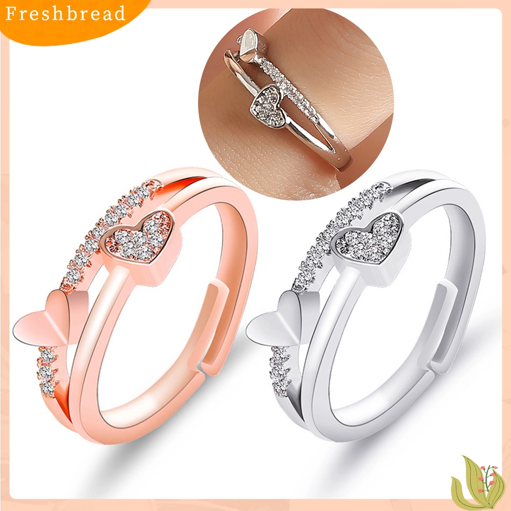 < Freshbread > Wanita Fashion Berlian Imitasi Bertatahkan Hati Ganda Berongga Band Pembukaan Cincin Perhiasan