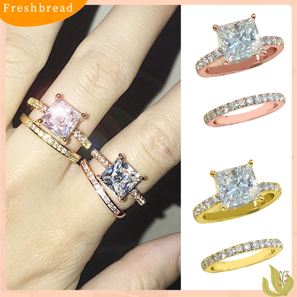 &lt; Freshbread &gt; 2 Pcs Cubic Zirconia Rings Shiny Square Faux Crystal Alloy Ring Elegan Perhiasan Aksesoris Temperamen Wanita Jari Cincin Set Pertunangan Hadiah Fashion Perhiasan