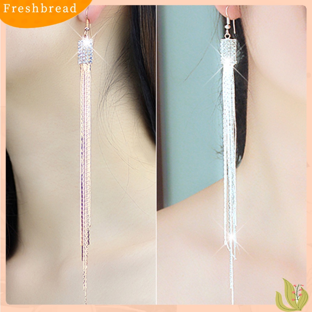 &lt; Freshbread &gt; 1pasang Wanita Persegi Berlian Imitasi Drop Anting-Anting Panjang Jumbai Rantai Menjuntai Kait Anting Perhiasan