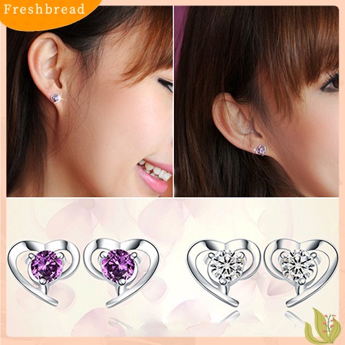 &lt; Freshbread &gt; Fashion Wanita Cinta Hati Cubic Zirconia925 Sterling Silver Ear Studs Earrings