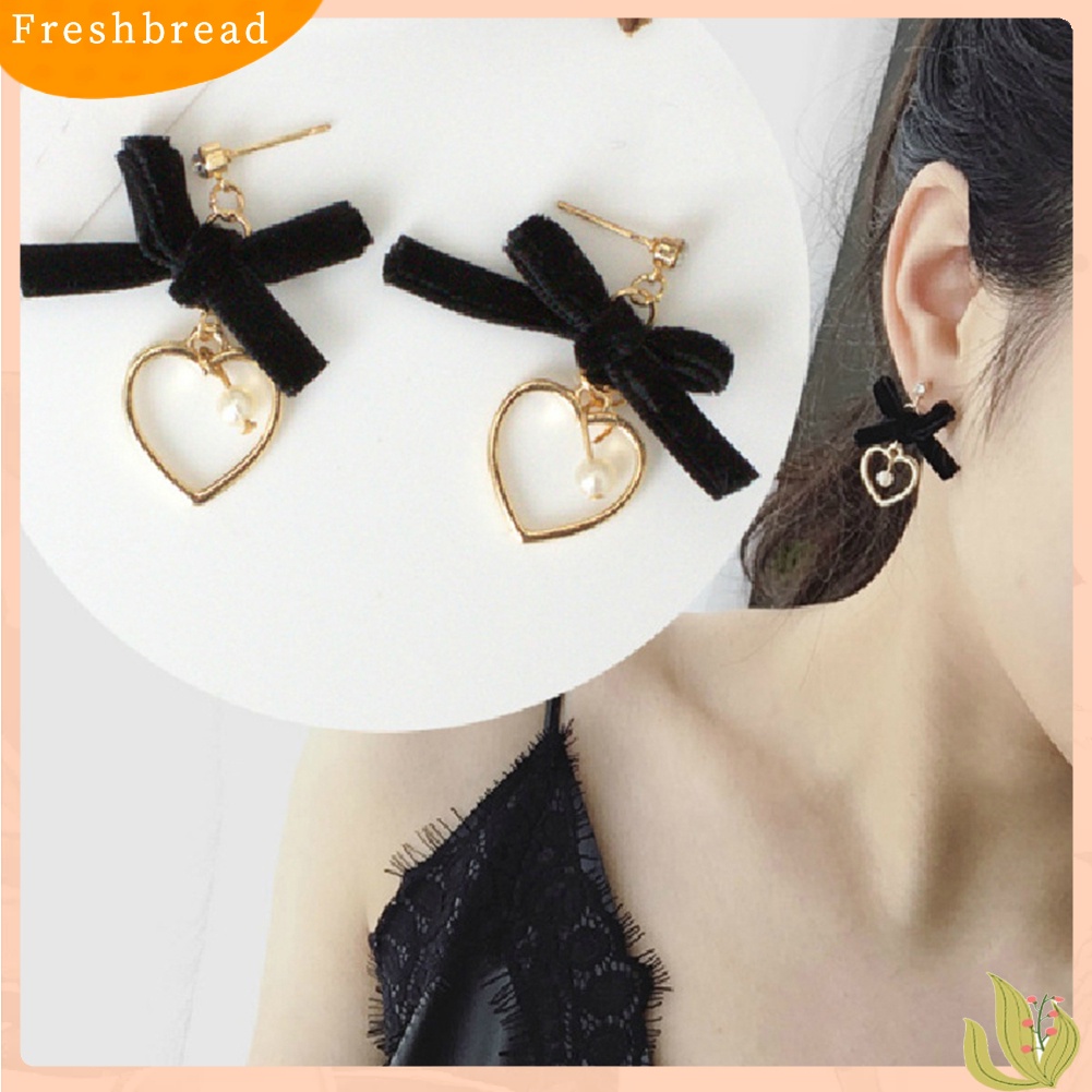 &lt; Freshbread &gt; Ikatan Simpul Lucu Mutiara Imitasi Berongga Cinta Hati Menjuntai Berlian Imitasi Stud Earrings