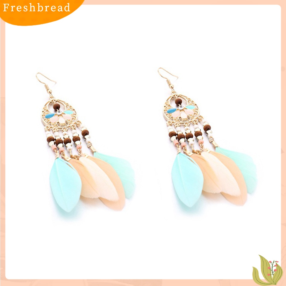 &lt; Freshbread &gt; Boho Wanita Berongga Manik-Manik Oval Warna-Warni Bulu Rumbai Drop Statement Earrings