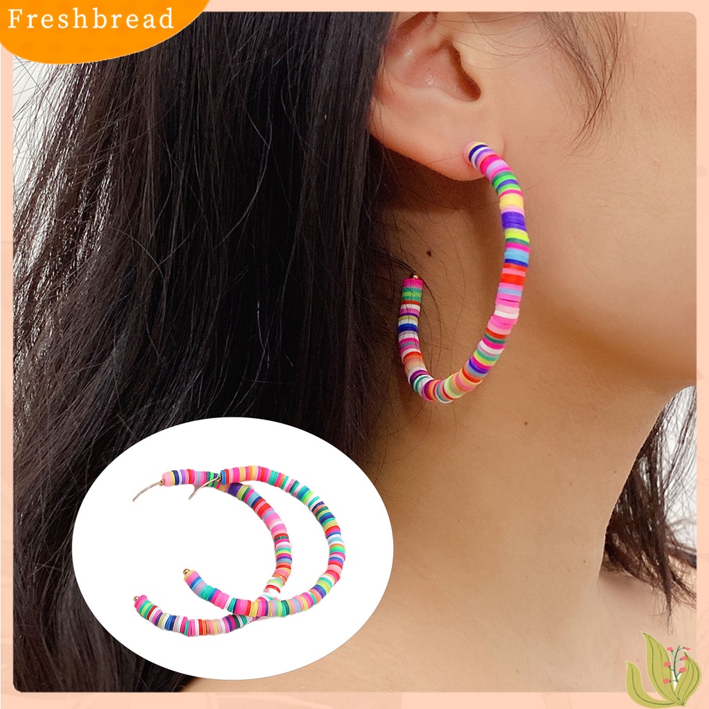 &lt; Freshbread &gt; 1pasang All-match Wanita Warna Pelangi Polymer Clay Bohemian Hoop Stud Earring Untuk Outdoor