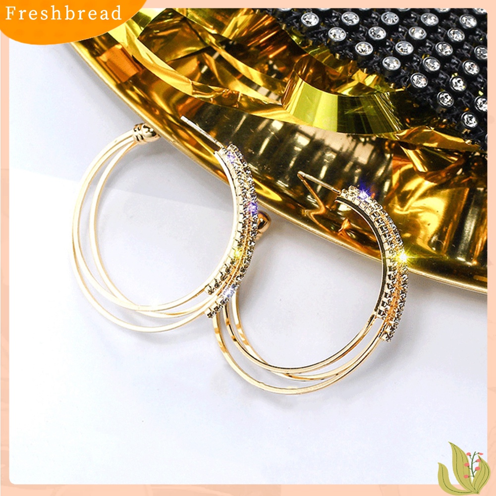 &lt; Freshbread &gt; Wanita Indah Berlian Imitasi Anting Hoop Perhiasan Tindik Lingkaran Lapisan Tiga