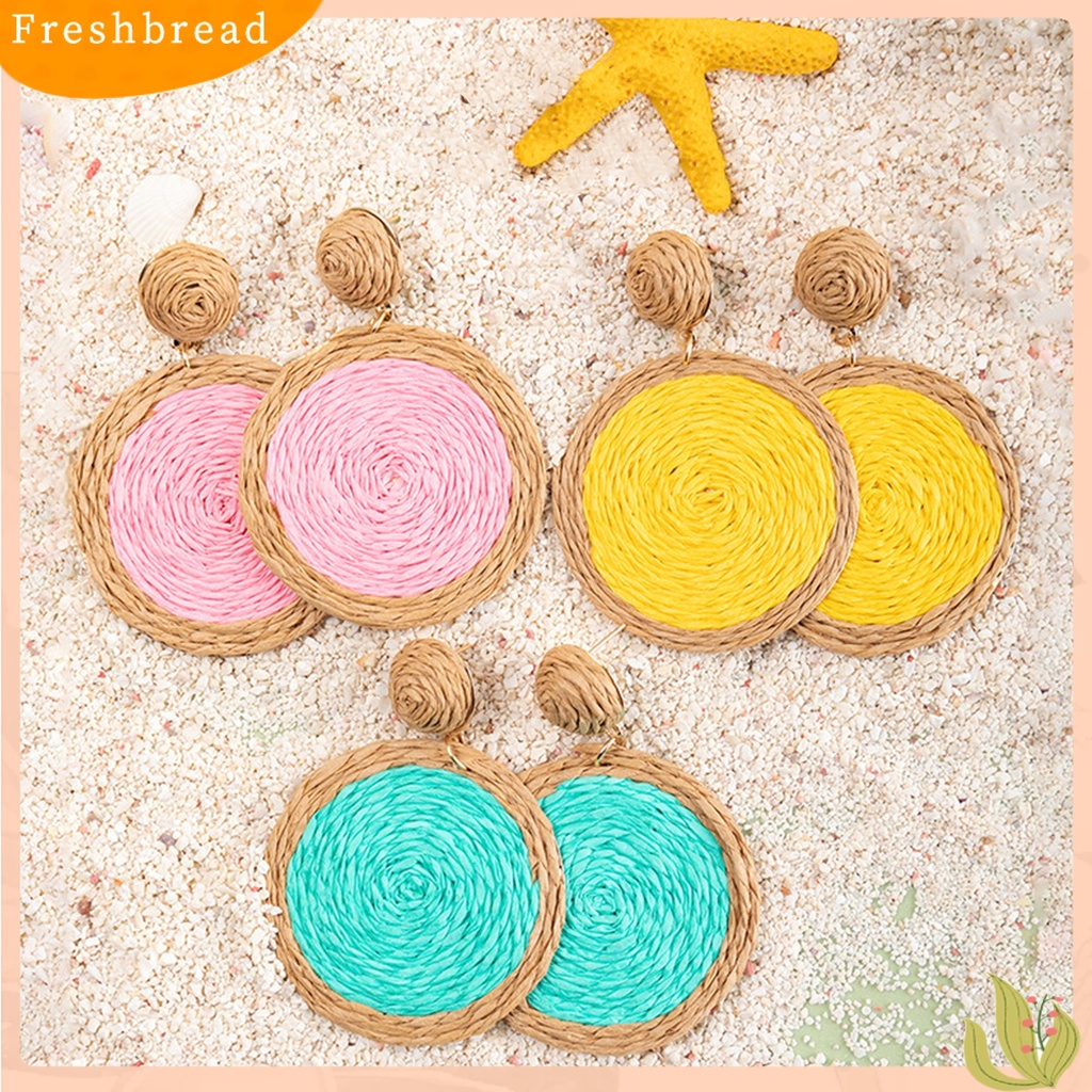 &lt; Freshbread &gt; 1pasang Anting Menjuntai Anyaman Rotan Warna Cerah Bulat Wanita Drop Earrings Aksesoris Perhiasan Untuk Liburan