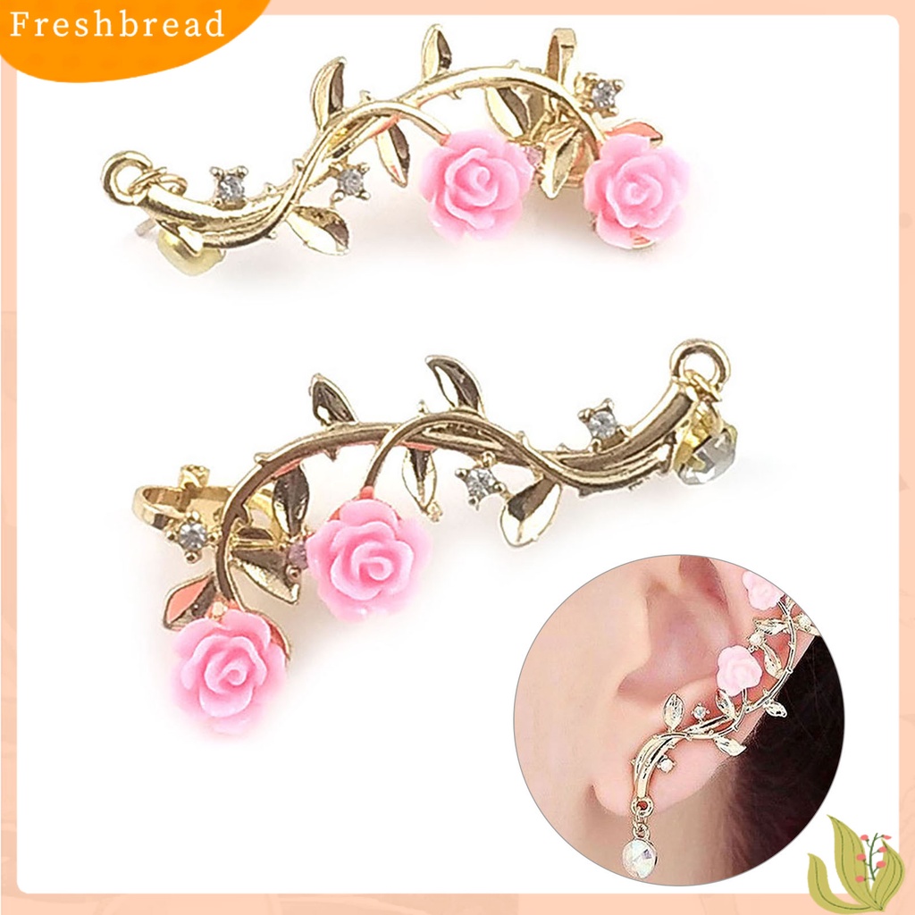 &lt; Freshbread &gt; 1pasang Berlian Imitasi Bersinar Tindik Telinga Studs Bunga Mawar Cabang Cuff Earrings Fashion Jewelry