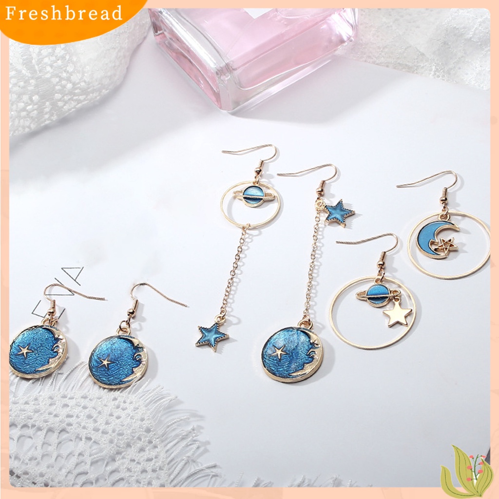 &lt; Freshbread &gt; 1pasang Wanita Drop Earrings Kartun Bulan Bintang Asimetris Perhiasan Planet Liontin Semua Pertandingan Anting Kait Untuk Pakaian Sehari-Hari