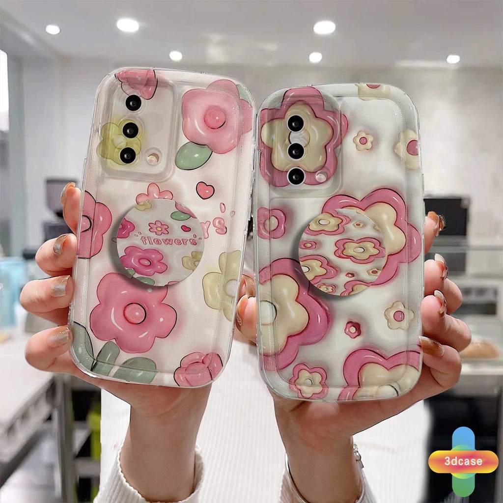 Case OPPO A5S A57 A3S A76 A96 A16 A17 A17K A95 A55 A15 A54 A7 A5 A9 A31 A53 A33 2020 A77S A12 A12S A1K A16E A16K A54S Reno 7 7Z 8Z 5 4 6 8 5F 5K 4F 4 5 06 Lite A74 A15S A52 A11K A92 A35 A36 A11 A93 Ins Pink Flowers Shockproof Full Soap Cover With Stand