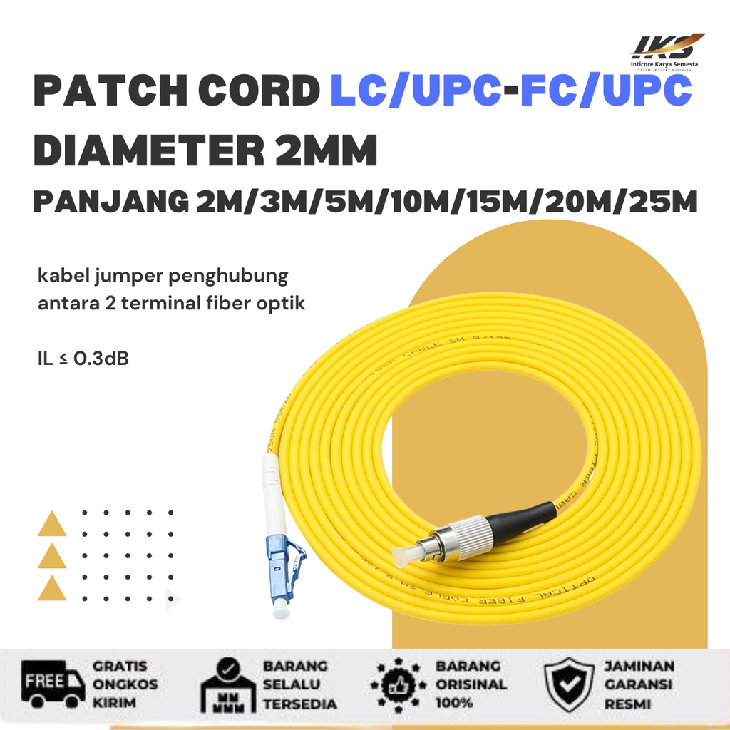 Patch Cord LC UPC - FC UPC Fiber Optik Diameter 2mm Berbagai Ukuran