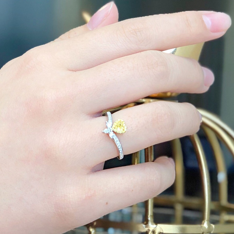 Goldkingdom Aksesoris Perhiasan Fashion Ready Stock Canary Kuning Jantung Cincin Micro-Berhias Berlian Permata Pertunangan Band
