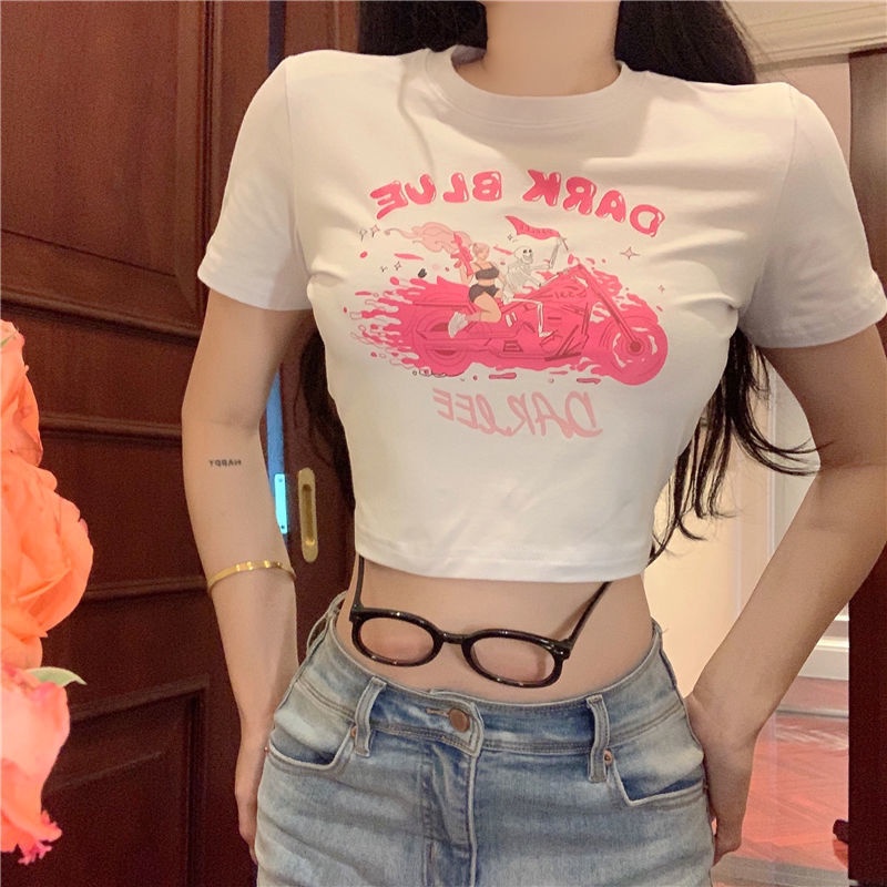 Red Musim panas chic chic cetak kartun lengan pendek t-shirt perempuan rasa desain ceruk keinginan murni hot gadis bocor pusar pendek top