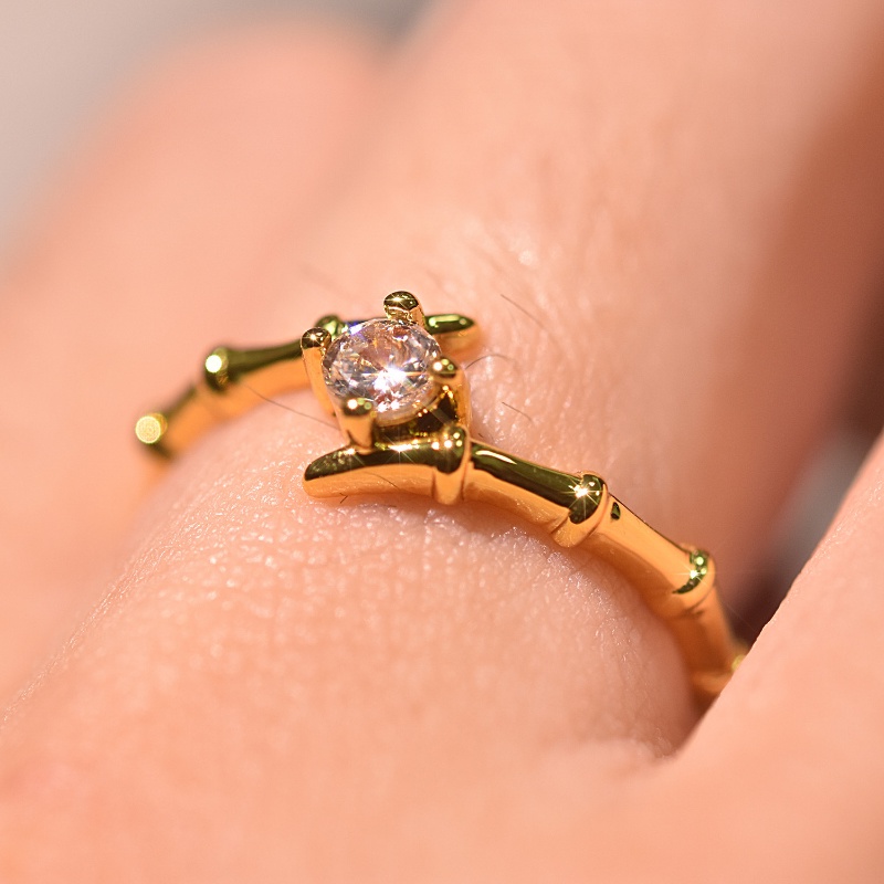 Goldkingdom Aksesoris Perhiasan Fashion Ready Stock Kreatif Bambu Cincin Berlapis Emas Berlian Pertunangan Cincin