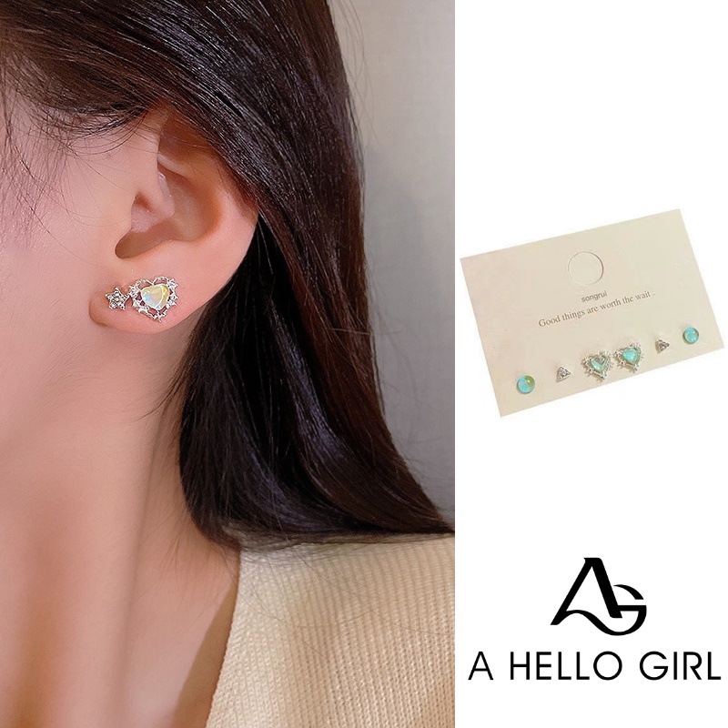 Ahellogirl S925 Jarum Perak Korea Dream Color Love Stud Earrings Set