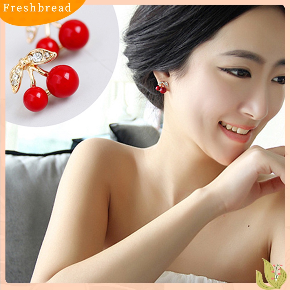 {In Stock} Wanita Merah Cherry Bening Berlian Imitasi Telinga Studs Beads Golden Alloy Leaves Earrings