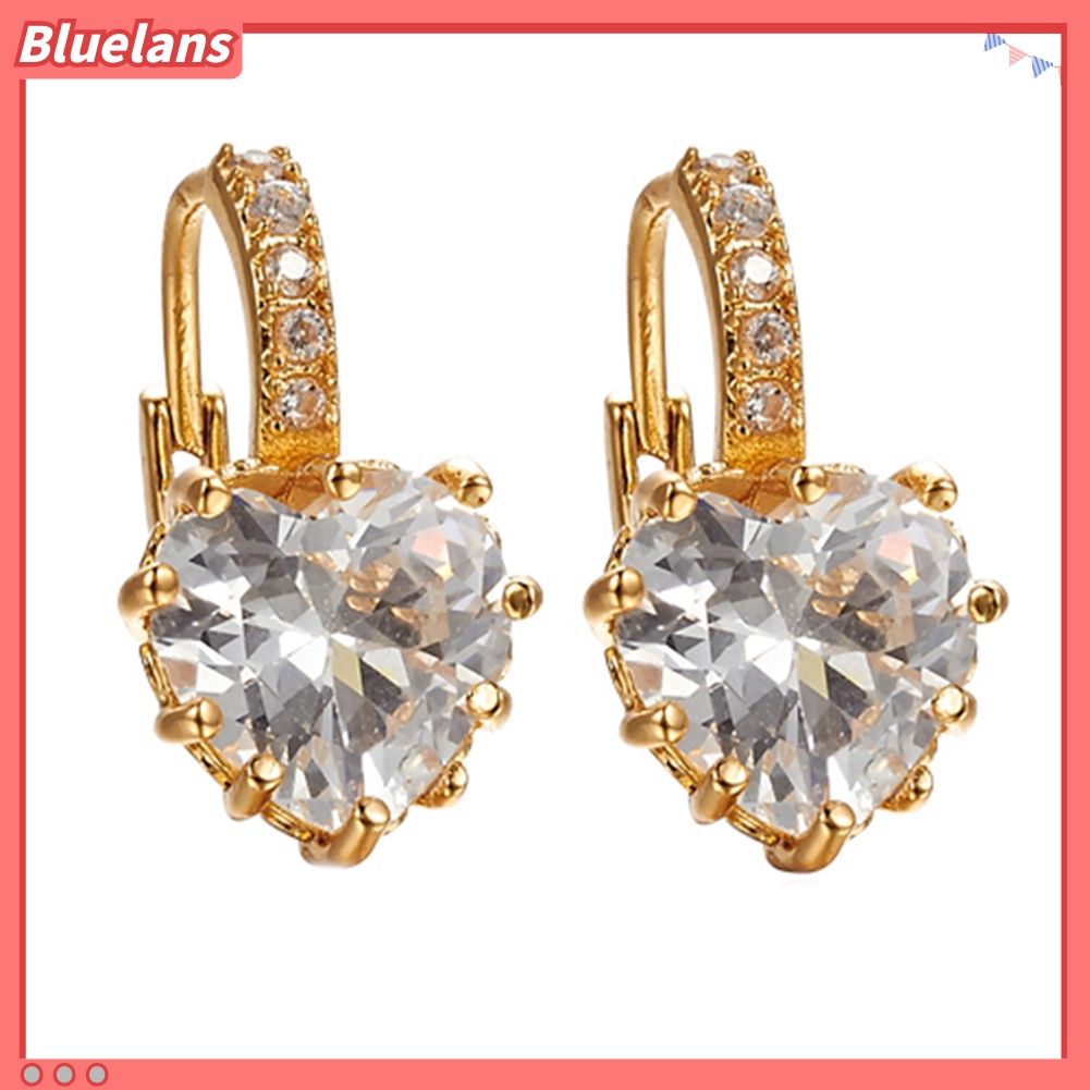 {In Stock} 9K Berlapis Emas Hati Berlian Imitasi Anting Hoop Eardrop Selebriti Perhiasan Wanita