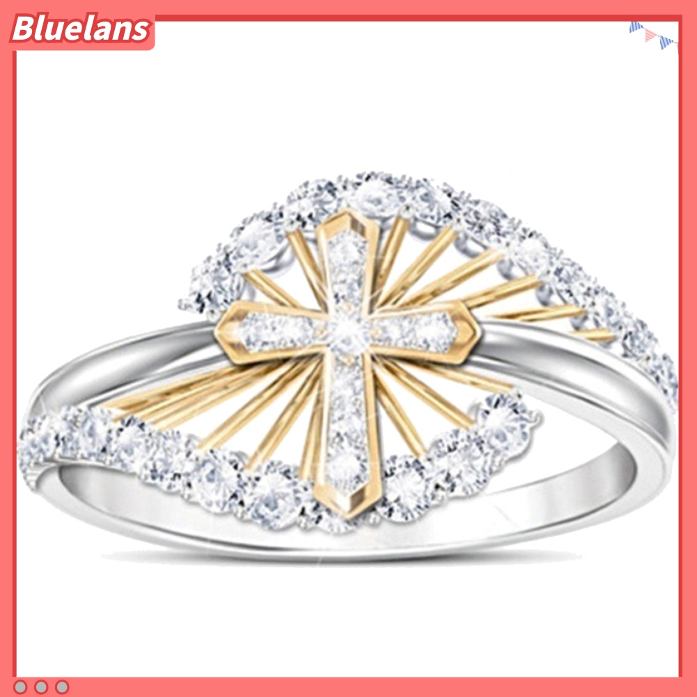{In Stock} Wanita Dual Tone Berlian Imitasi Bertatahkan Cincin Jari Silang Perhiasan Pertunangan Pernikahan