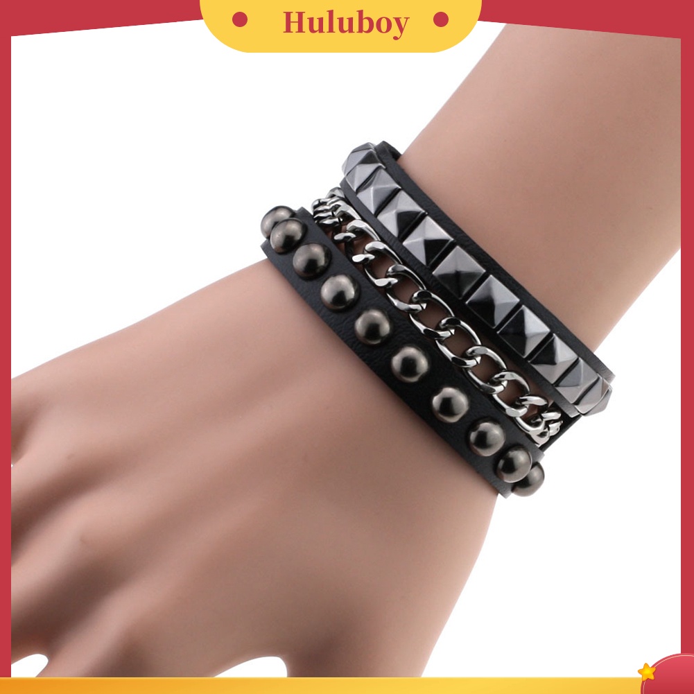 {Ready Stock} Gelang Rivet Punk Rock Lapis Wanita Bertabur Kulit Imitasi Rantai Logam Bangle