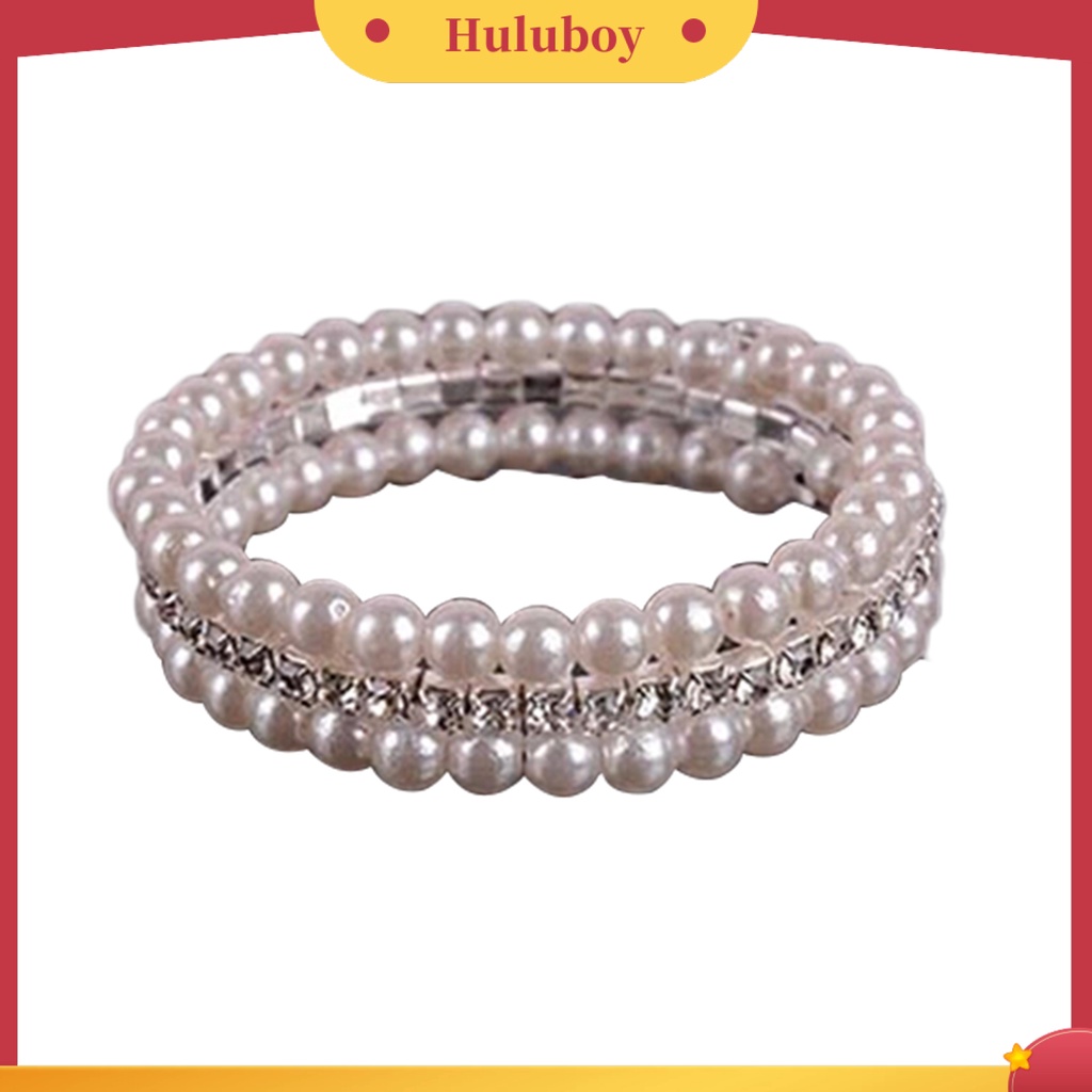 {Ready Stock} Fashion Wanita Elegan Putih Mutiara Imitasi Berlian Imitasi Peregangan Bangle Gelang