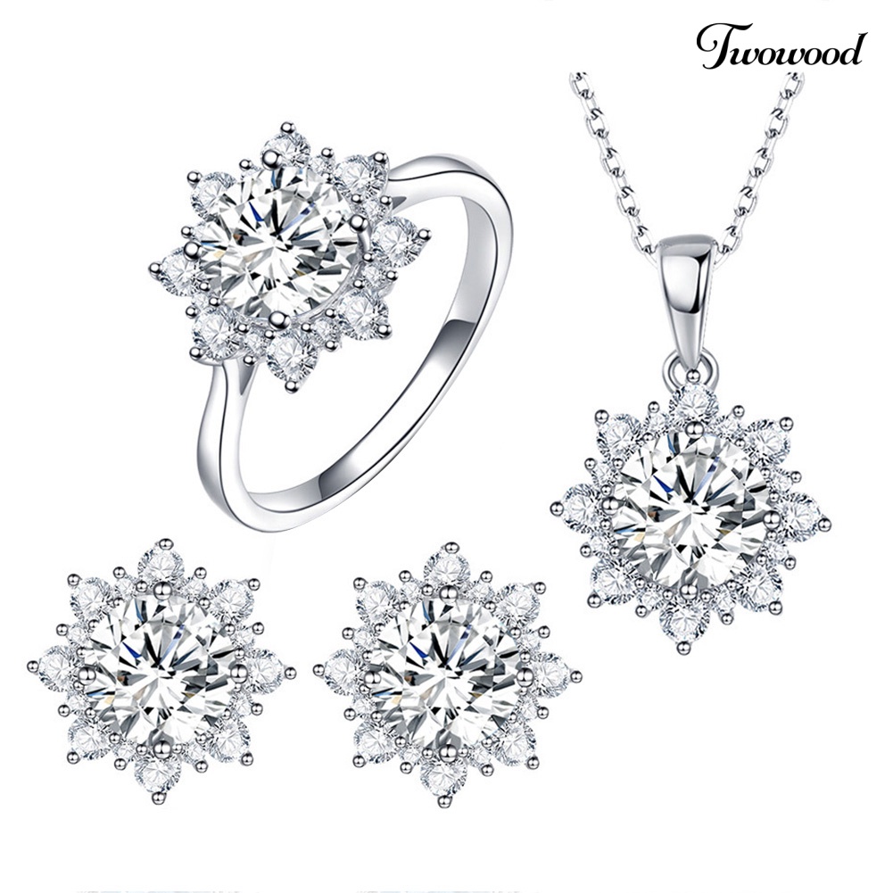 Twowood Wanita Cubic Zirconia Snowflake Pendant Kalung Stud Anting Cincin Set Perhiasan