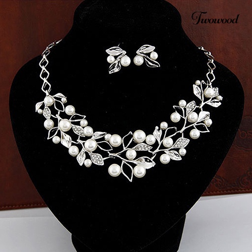 Twowood Elegan Bridal Faux Pearl Leaves Choker Kalung Stud Earrings Set Perhiasan