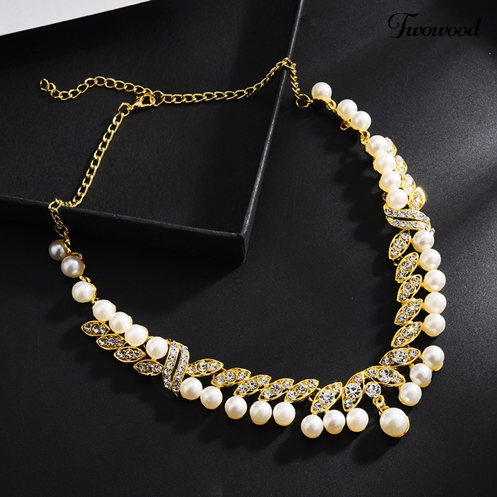 Twowood Faux Pearl Rhinestone Leaf Menjuntai Anting Kalung Bridal Set Perhiasan Pernikahan