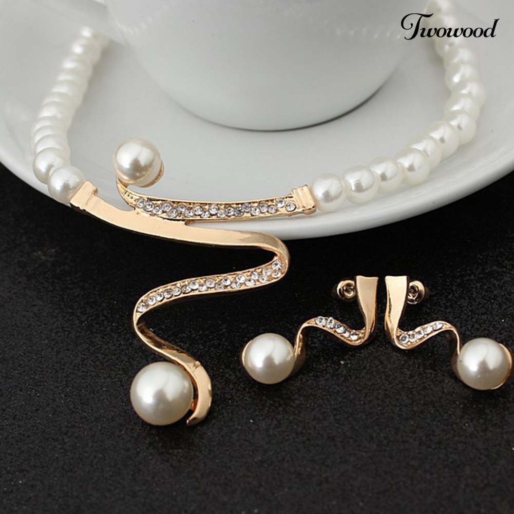 Twowood Berlian Imitasi Faux Pearl Beaded Necklace Stud Earrings Set Perhiasan Pernikahan Pengantin