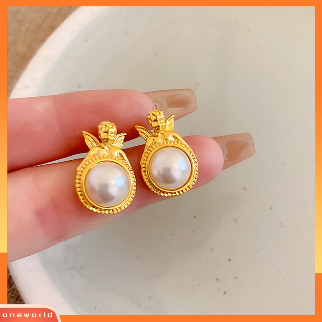 [OWR] 1pasang Ear Studs Golden Angel Elegan Temperamen Geometris Bulat High Gloss Mutiara Imitasi Wanita Anting Perhiasan Aksesoris
