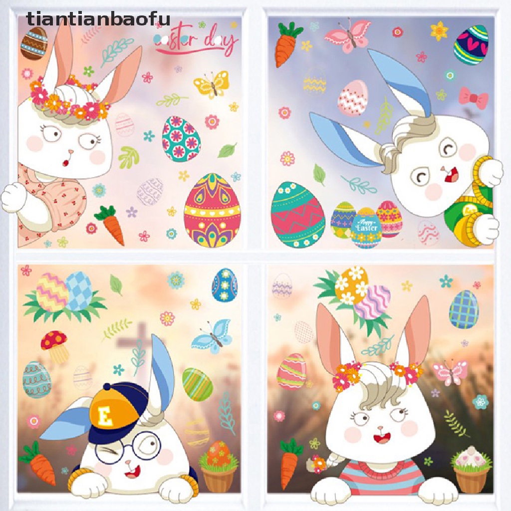 [tiantianbaofu] Stiker Jendela Kaca Happy Easter Colorful Bunny Eggs Wall Sticker 25x35cm Butik