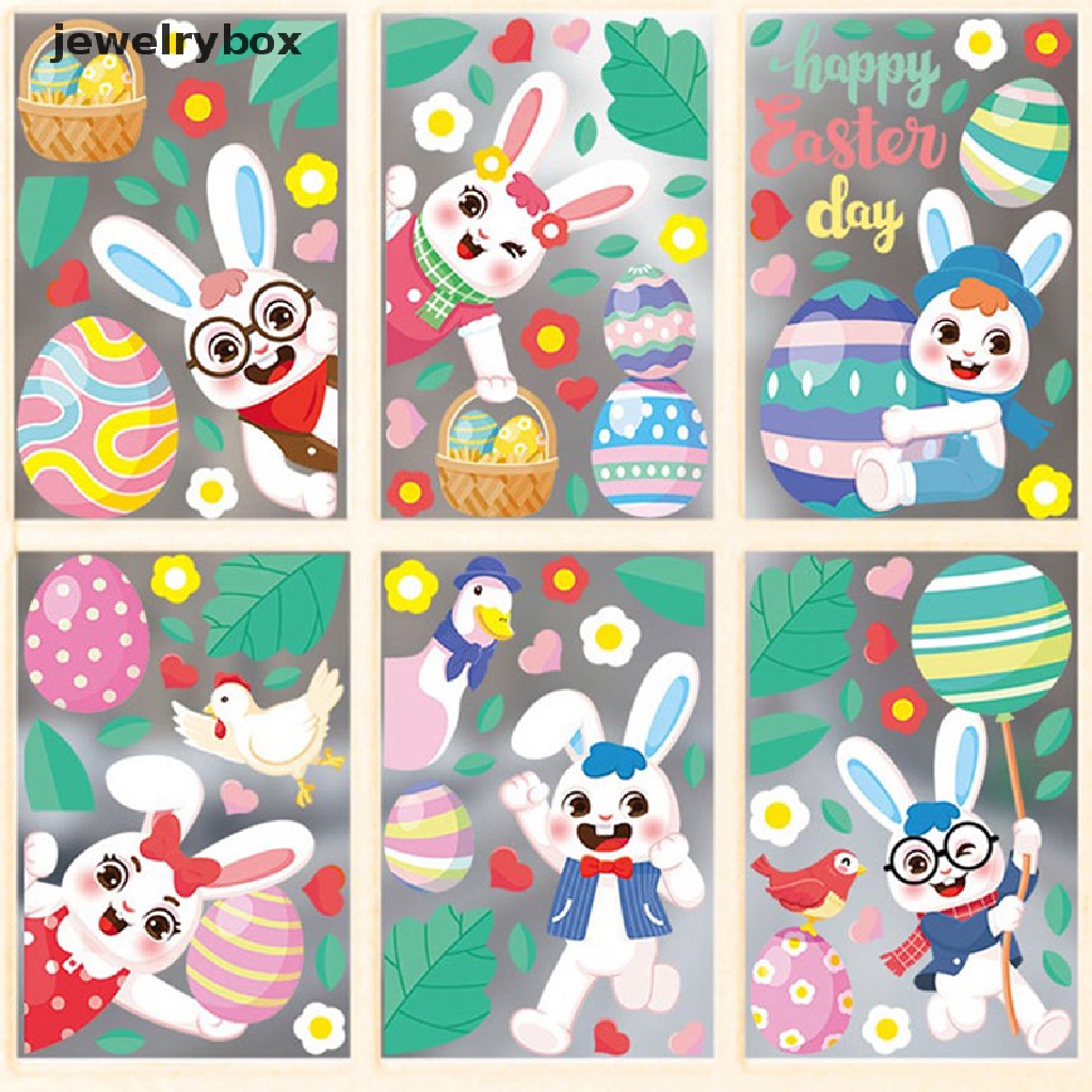 [jewelrybox] 1pc Stiker Jendela Kaca Happy Easter Colorful Bunny Eggs Wall Sticker 20x30cm Butik