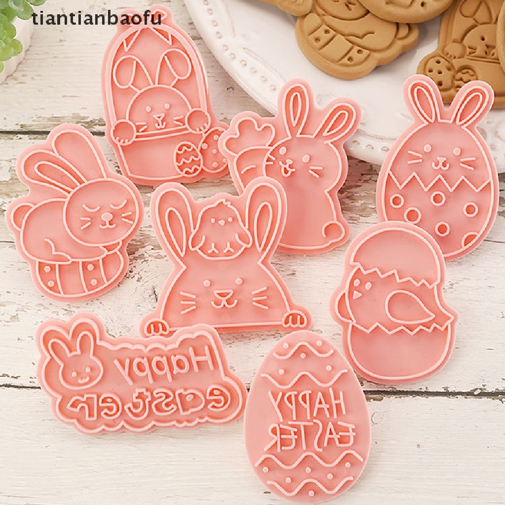 [tiantianbaofu] 8pcs/set Paskah Cookie Cutter Kelinci Pemotong Telur DIY 3D Cetakan Kue Plastik Butik