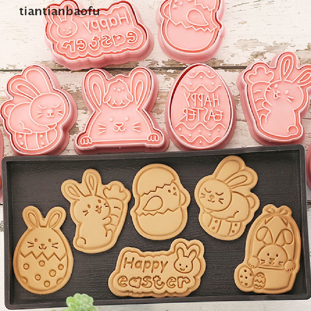 [tiantianbaofu] 8pcs/set Paskah Cookie Cutter Kelinci Pemotong Telur DIY 3D Cetakan Kue Plastik Butik