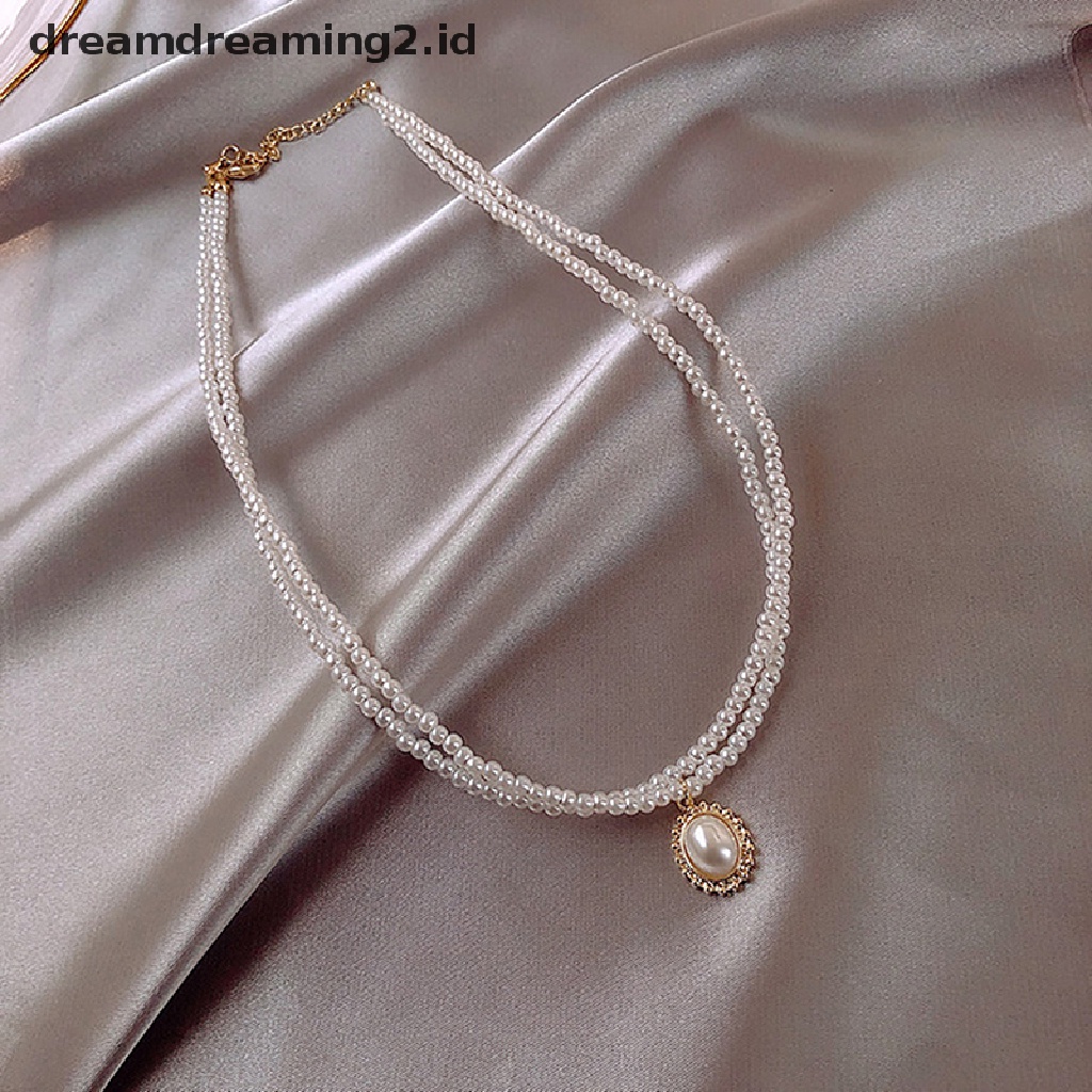 (hot) Kalung Liontin Kerah Mutiara Double Layer Elegan Perhiasan Wanita Choker//