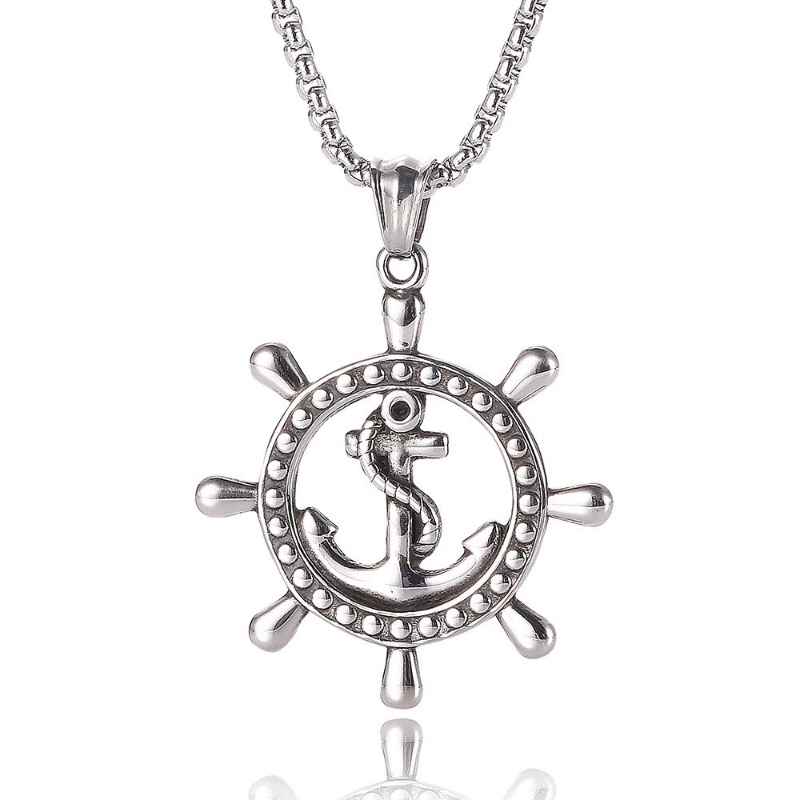 [X C Kalung] Baru Silvery Vintage Karibia Bajak Laut Tali Jangkar Kemudi Liontin Punk Hip Hop Stainless Steel Kalung Hadiah Pesta Ulang Tahun Untuk Pria Dan Wanita