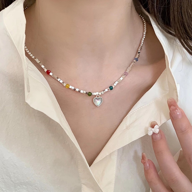 Kami Bunga Korea s925 Perak Pelangi Manik-Manik Moonstone Jantung Liontin Kalung Untuk Wanita Gadis Liburan Musim Panas Warna-Warni Manik-Manik Pesona Tulang Selangka Rantai Kalung Perhiasan Aksesoris