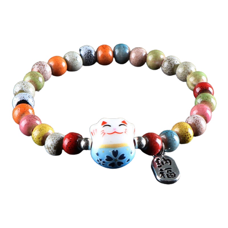 Lucu Kucing Beruntung Gelang Untuk Gadis Adjustable Manik-Manik Warna-Warni Gelang Harajuku Keramik Kucing Liontin Pesona Gelang Perhiasan
