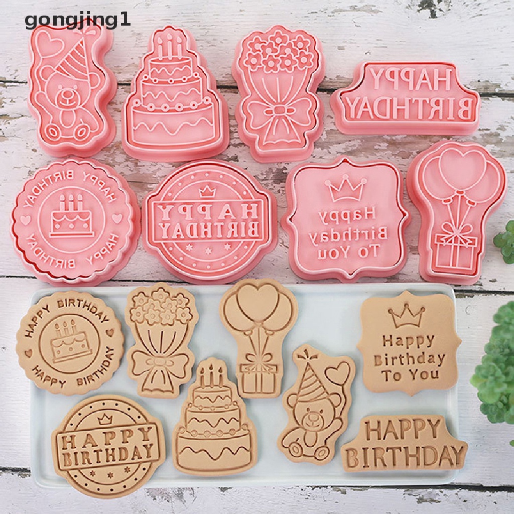 Ggg 8 Pcs/Set Ulang Tahun Tema Cookie Pemotong Plastik 3D Pressable Biskuit Cetakan Cookie Cap Dapur Baking Alat Pesta Ulang Tahun Anak Dekorasi ID