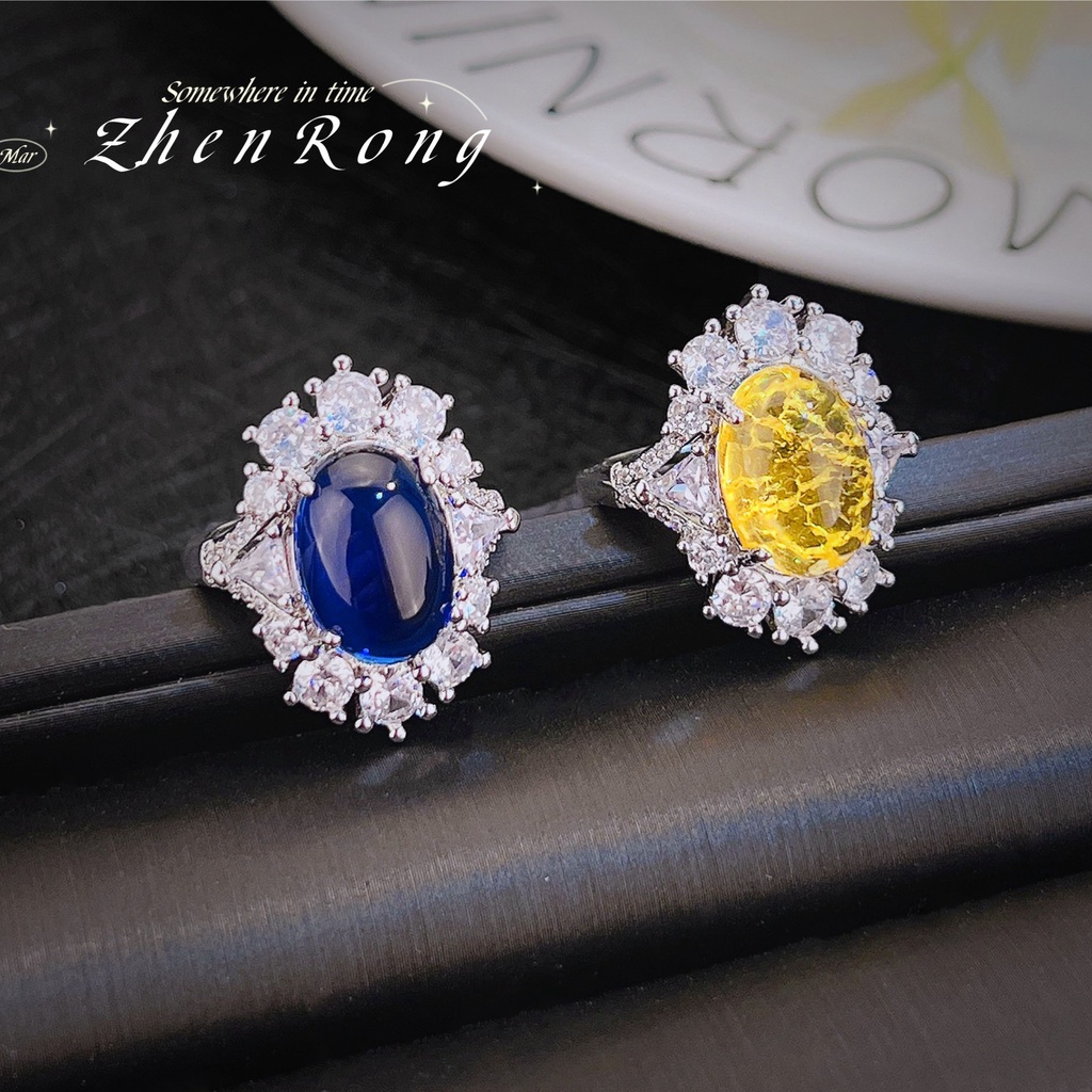 Goldkingdom Fashion Perhiasan Aksesoris Ready Stock French Retro Polos Royal Blue Permata Cincin Berlian Imitasi Penuh Es Kuning Berlian Cincin Gadis