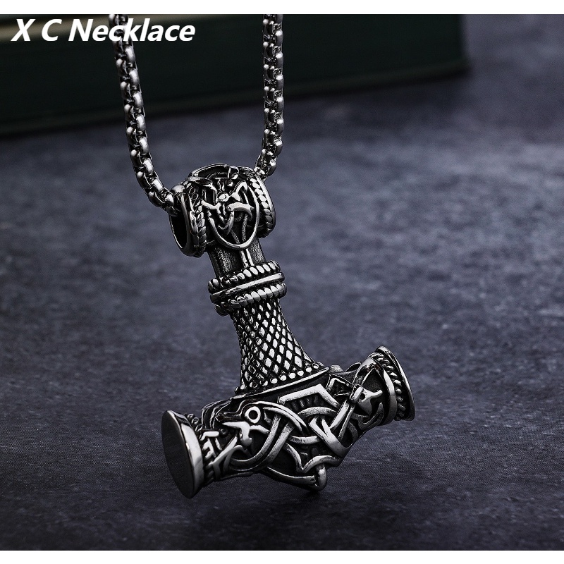 [X C Kalung] Baru Silvery Vintage Viking Seri Palu Naga Liontin Punk Hip Hop Stainless Steel Kalung Hadiah Pesta Ulang Tahun Untuk Pria Dan Wanita