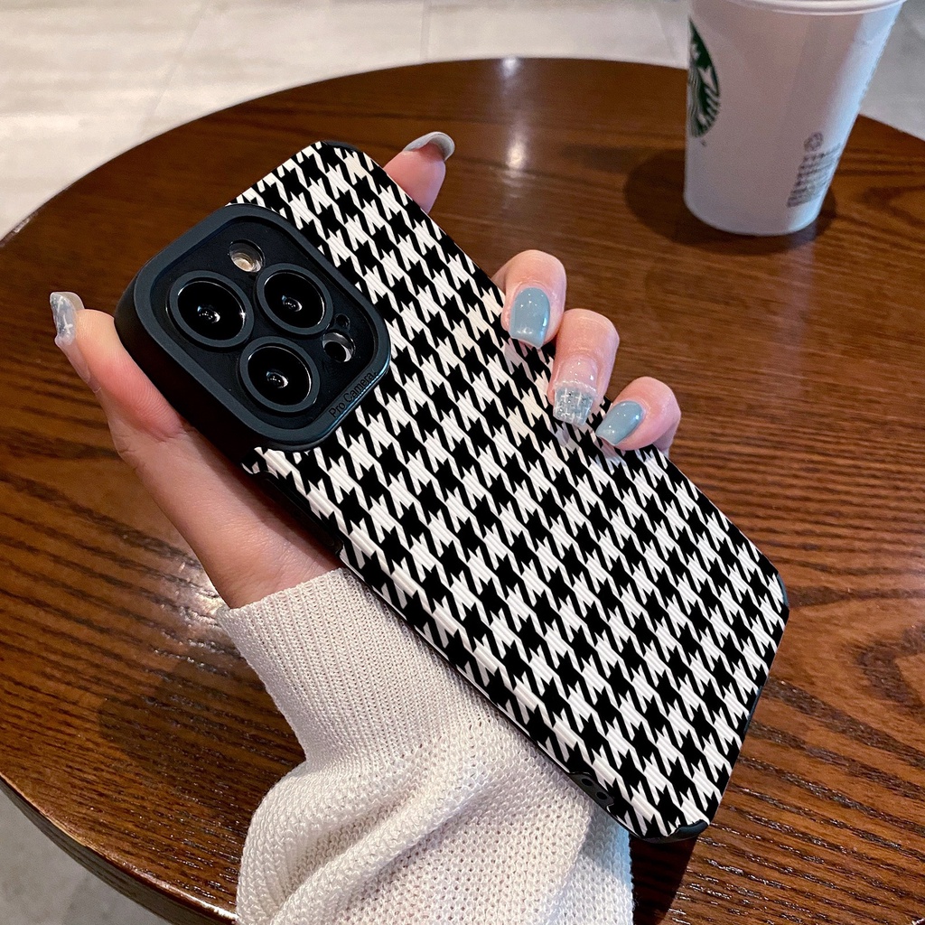 【Lamb Skin】Black and White Houndsto Leather Soft Case for IPhone 6S 7 Plus 8 Plus X XS XR XS Max 11 13 12 14 PRO Max 14 Plus 12 13 Mini Ins Fashion Twisted Stripe Girl Women's Gift