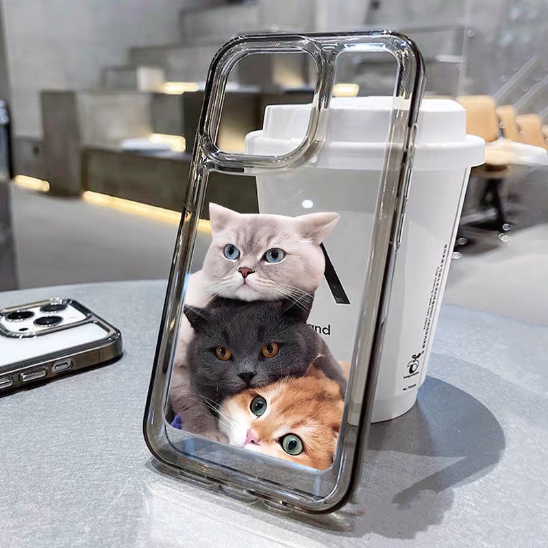 IPHONE Tiga Kucing Soft Case Kompatibel Untuk Casing Iphone11 14 13 12 Pro XS Max X XR 7 +8 6 6S Plus TPU Transparan Unik Tombol Cover Pelindung Kamera