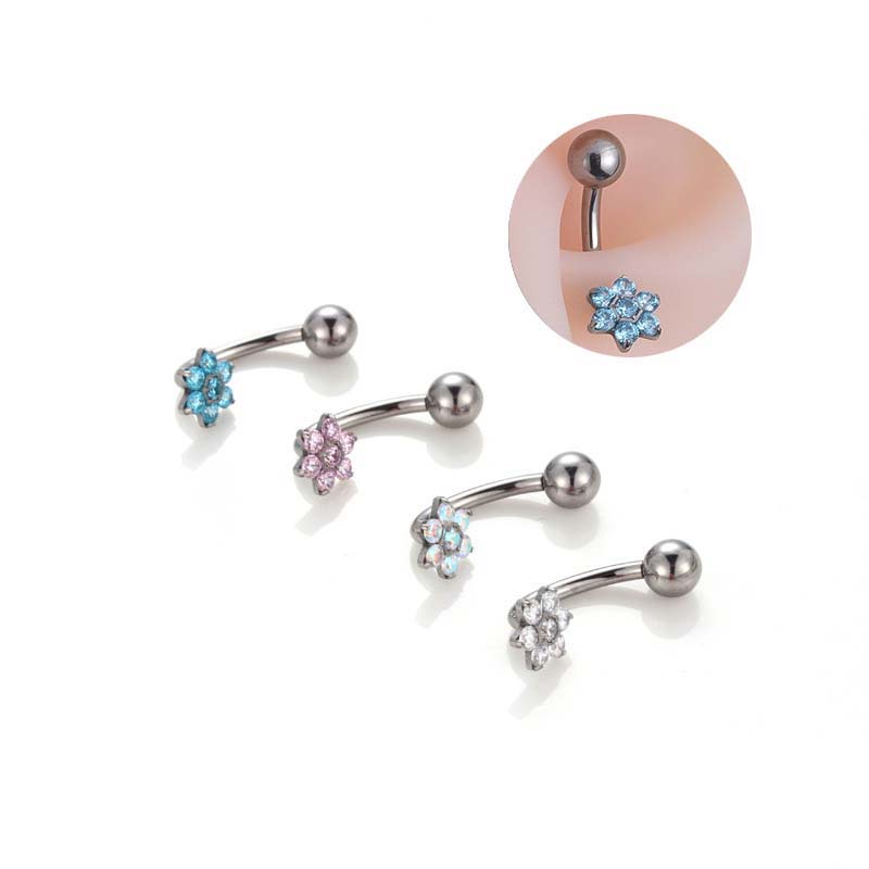 1biji Surgical G23 Bahan Titanium Steel Benang Internal 14Gauge Hypoallergenic Belly Button Ring Tindik Pusar Bentuk Bunga